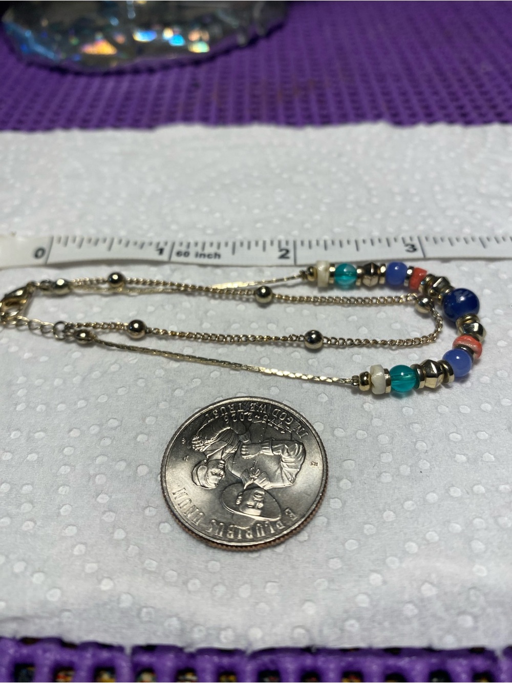 Gold-Tone Multicolor Beaded Women's Bracelet- Blue, Teal, Coral, Cream
